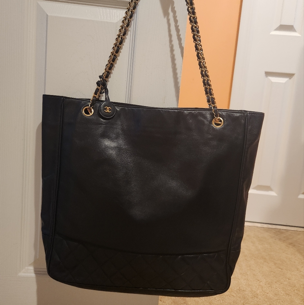 Vintage Chanel Large Navy Matelasse Leather Tote Bag